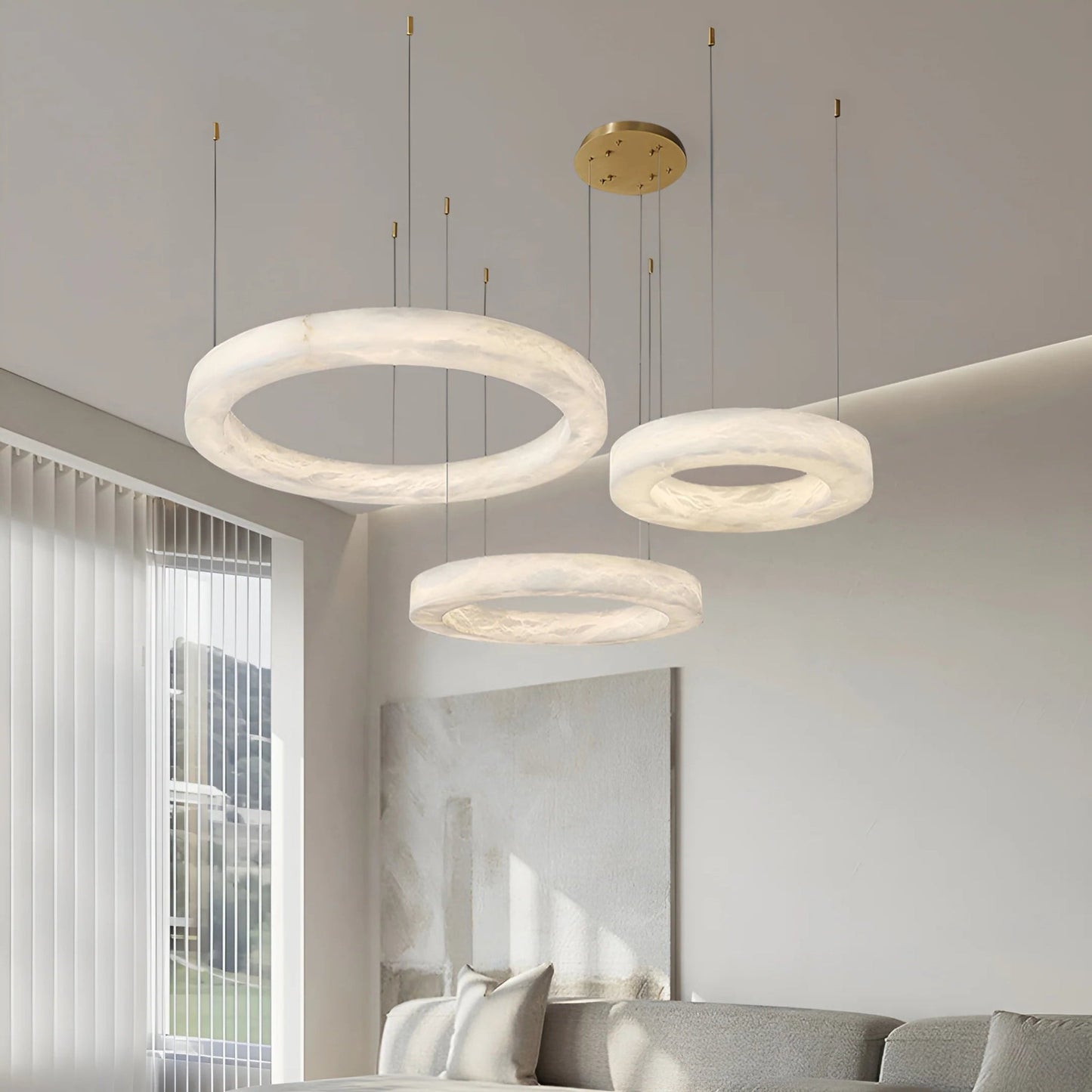 ChandelierMarika Alabaster ChandelierDia 60cm + 80cm + 100cmx H 8cm / ∅ 23.6″ + 31.5″ + 39.3″ x H 3.1″Brass & White AlabasterLennar Visual