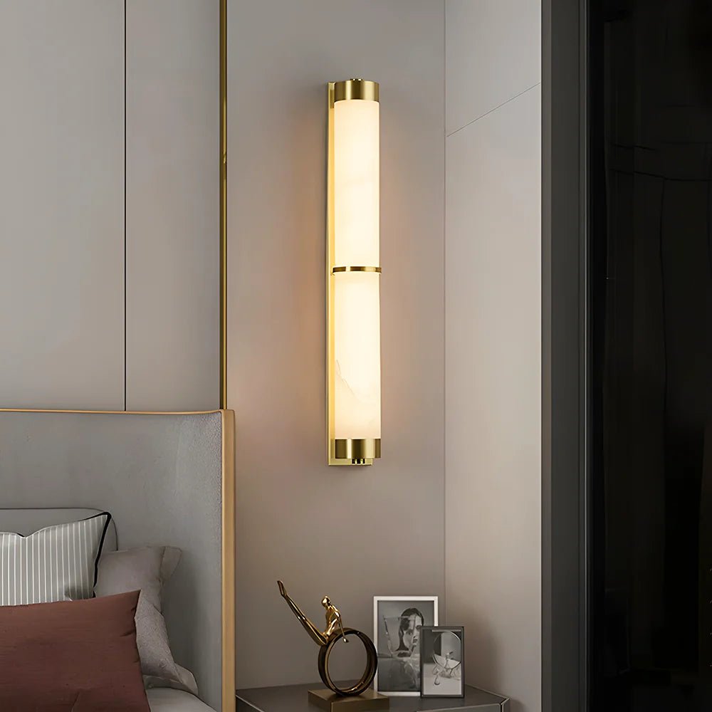 Wall LampModern Cylindra Alabaster Brass Wall LightDia 8cm x H 60cm / ∅ 3.1″ x H 23.6″Gold & WhiteLennar Visual