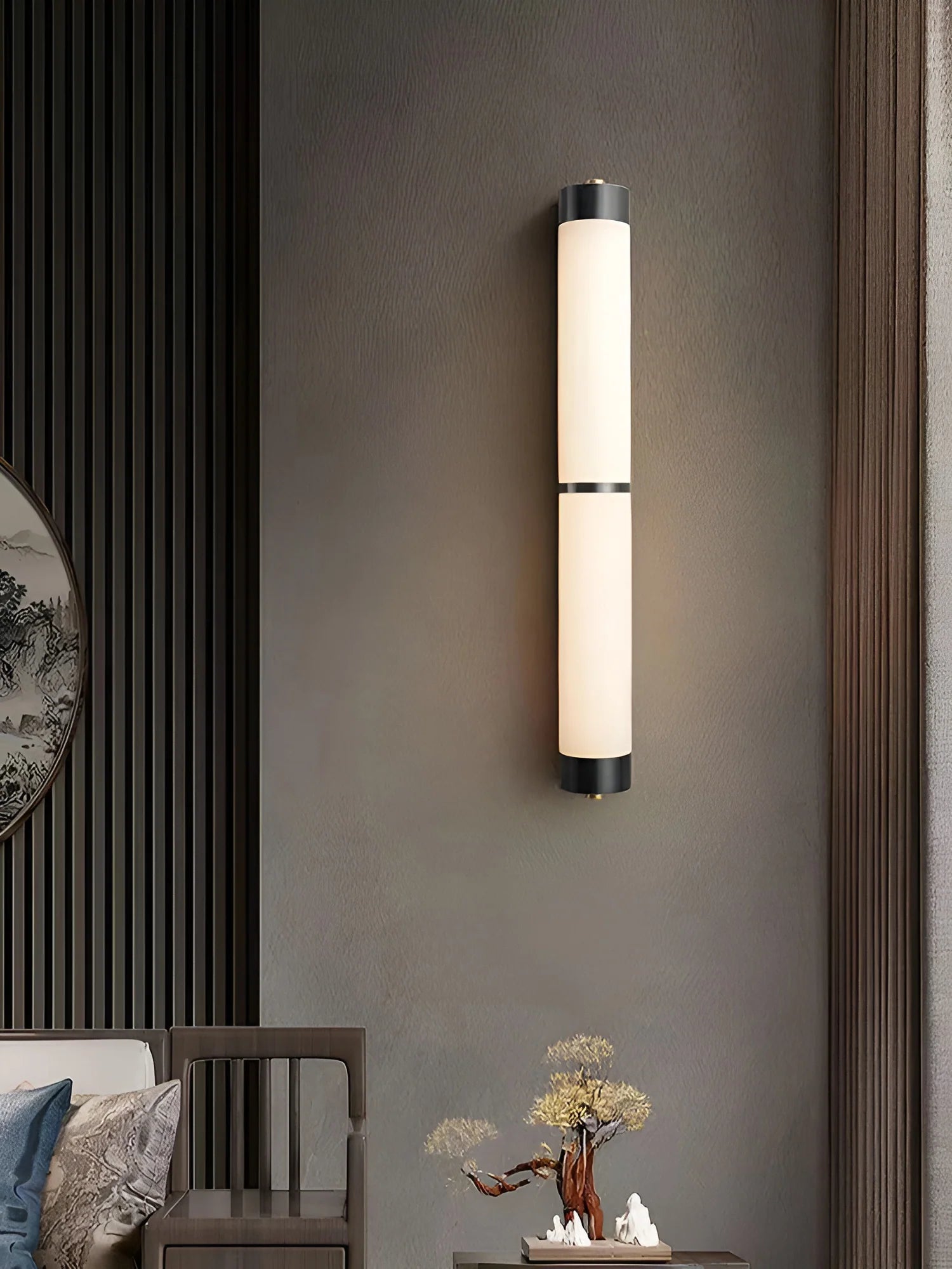 Wall LampModern Cylindra Alabaster Brass Wall LightDia 8cm x H 60cm / ∅ 3.1″ x H 23.6″Black & WhiteLennar Visual