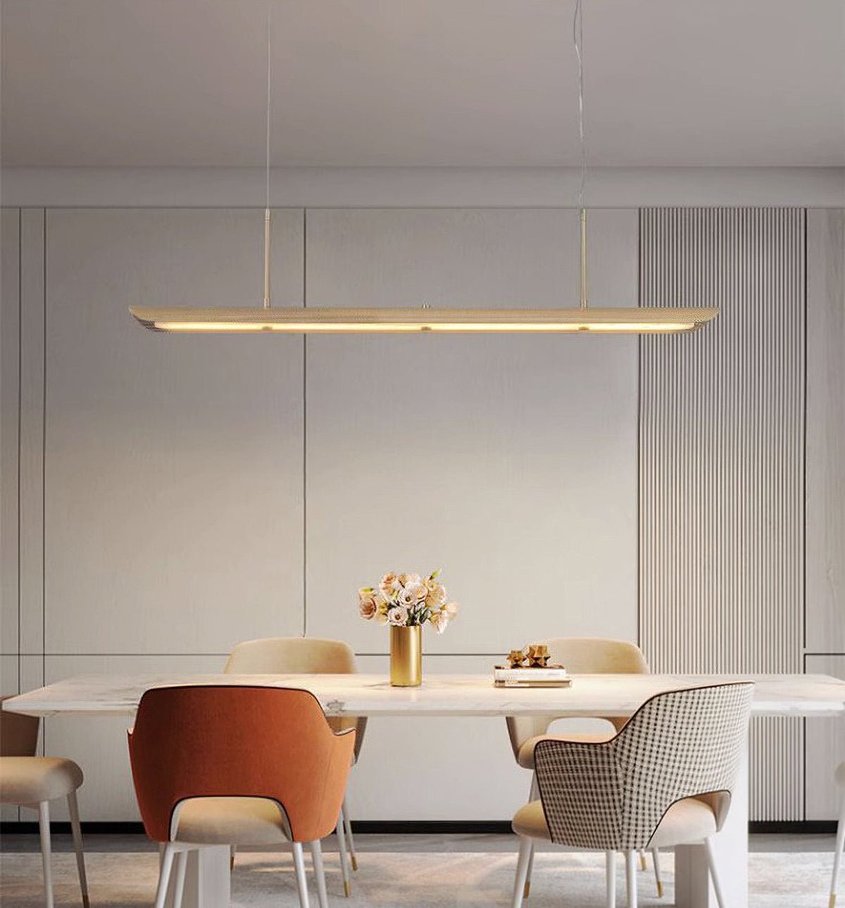 Pendant LightModern Linear Pendant LightL 140cm x W 14cm x H 180cm / L 55.1″ x W 5.5″ x H 70.9″Brass+WhiteLennar Visual