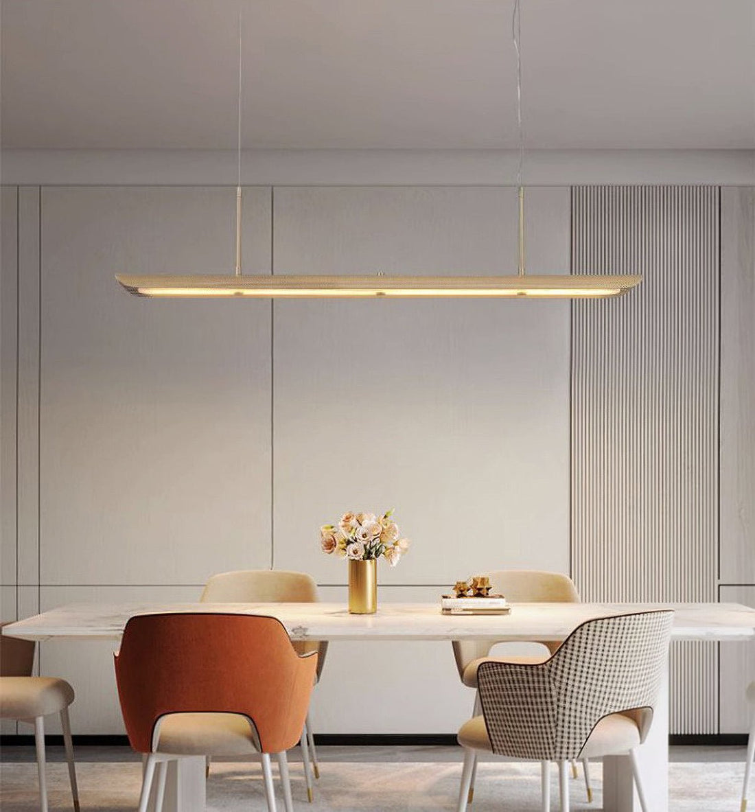 Pendant LightModern Linear Pendant LightL 140cm x W 14cm x H 180cm / L 55.1″ x W 5.5″ x H 70.9″Brass+WhiteLennar Visual