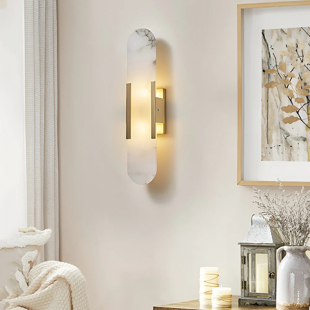 Wall LampModern Melange Elongated Alabaster Wall LampDia 10cm x H 35cm / ∅ 3.9″ x H 13.8″Gold & WhiteLennar Visual