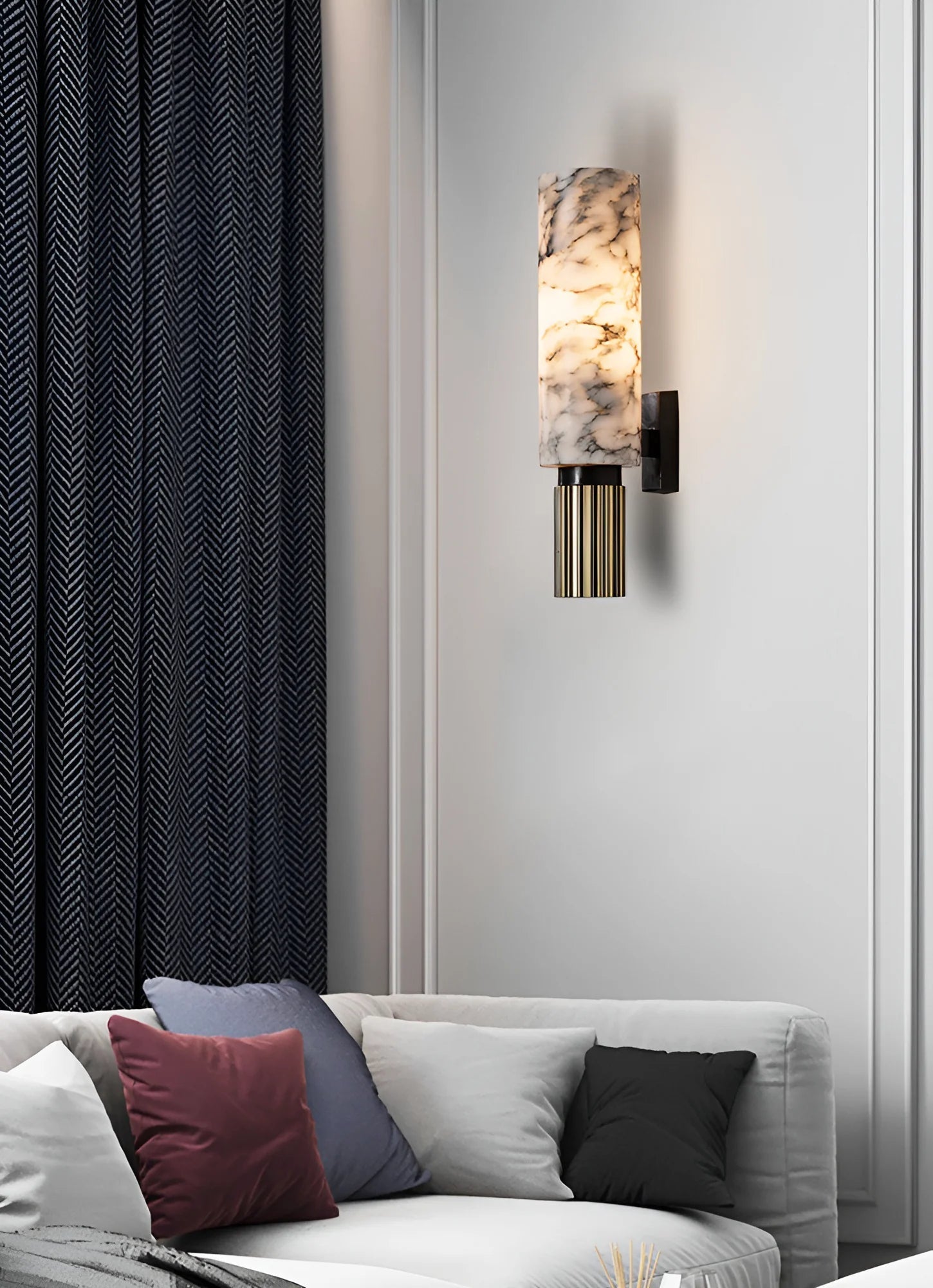 Wall LampModern Riviera Alabaster Wall LampDia 13cm x H 34cm / ∅ 5.1″ x H 13.4″Brass & WhiteLennar Visual