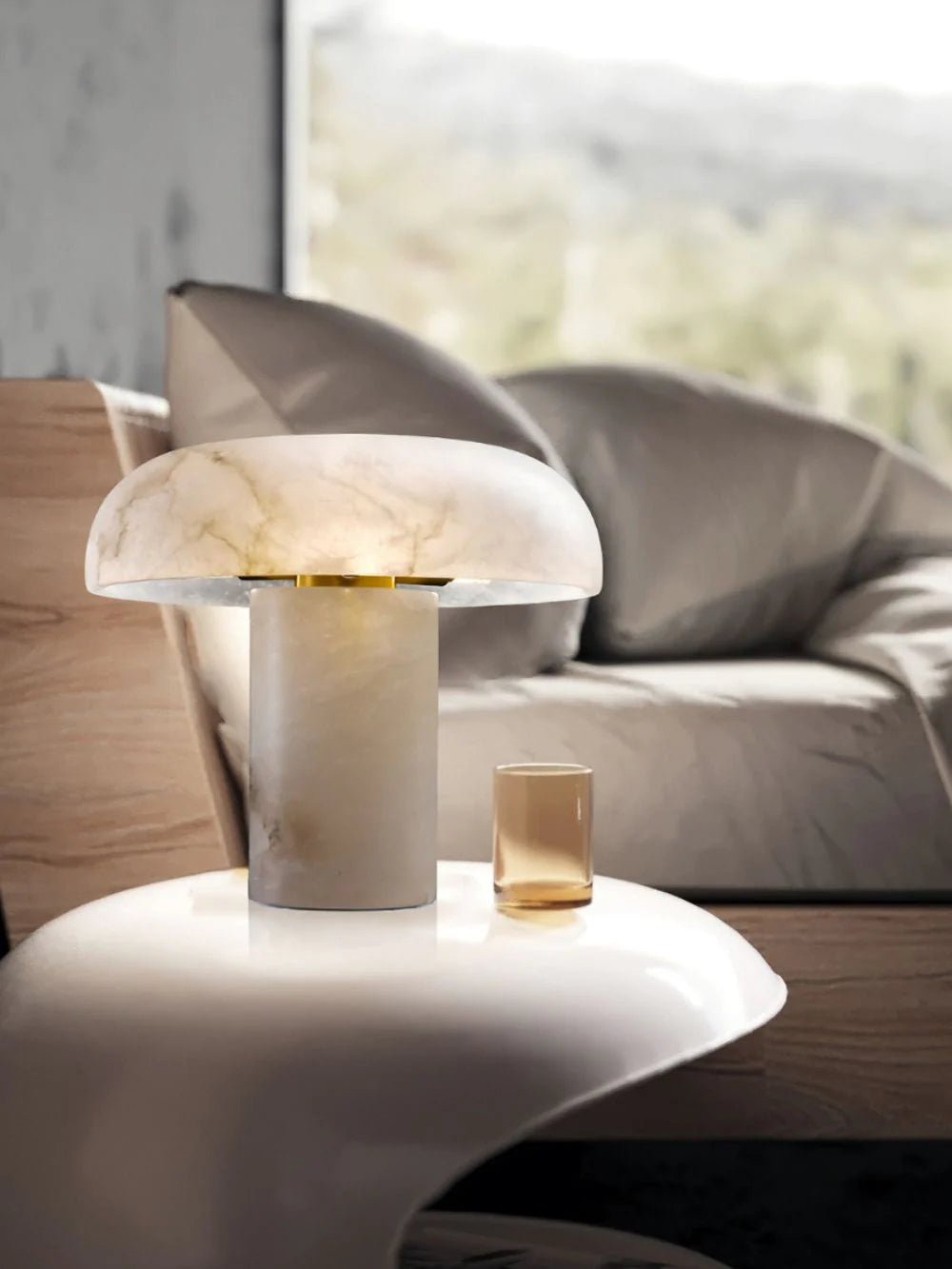 Table LampMushroom Type Alabaster Table LampDia 30cm x H 27cm / ∅ 11.8″ x H 10.6″Brass & WhiteLennar Visual