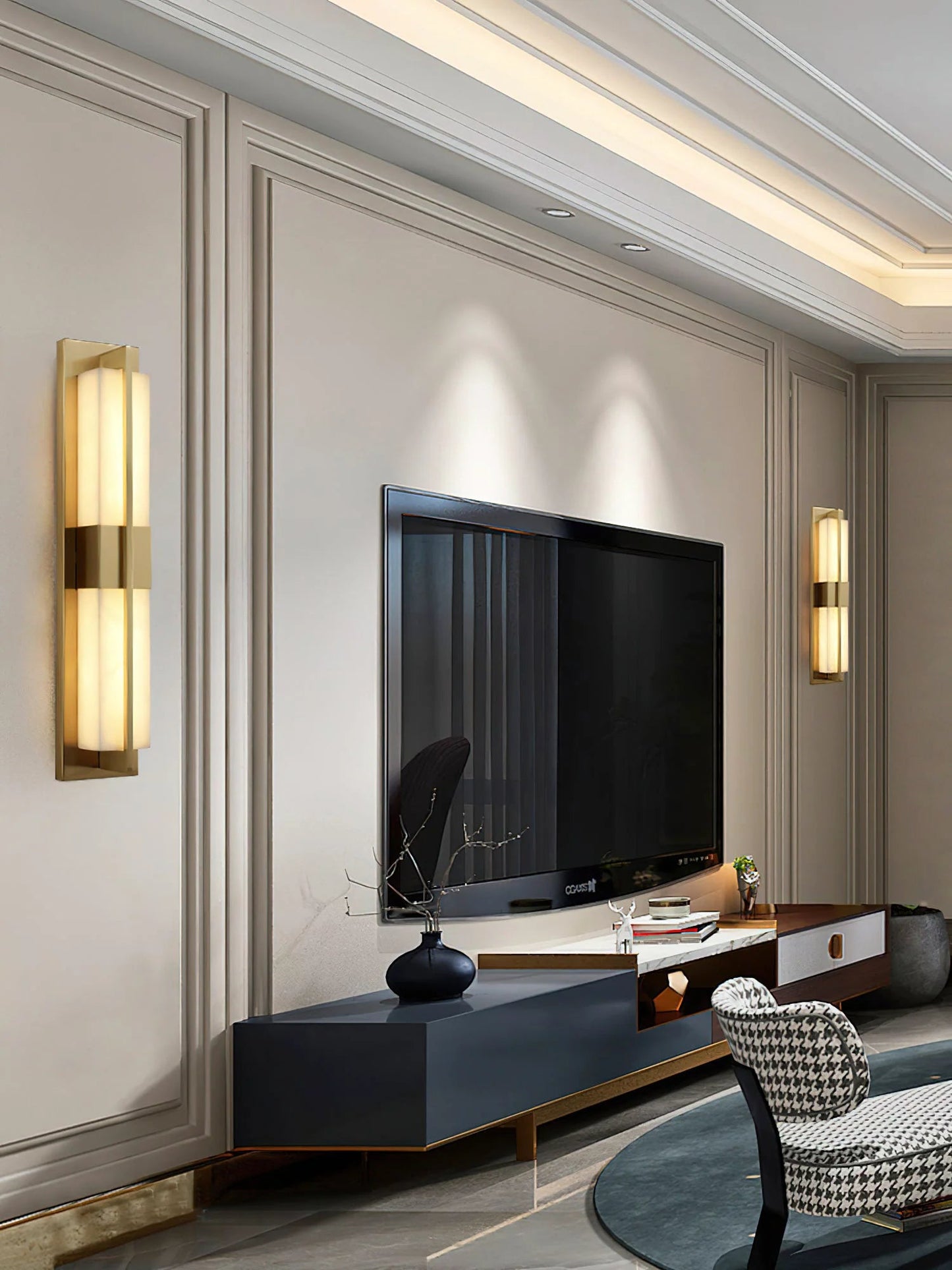 Wall SconceRectangular Alabaster Modern Brass Wall SconceDia 12cm x H 80cm / ∅ 4.7″ x H 31.5″ *2Brass & WhiteLennar Visual