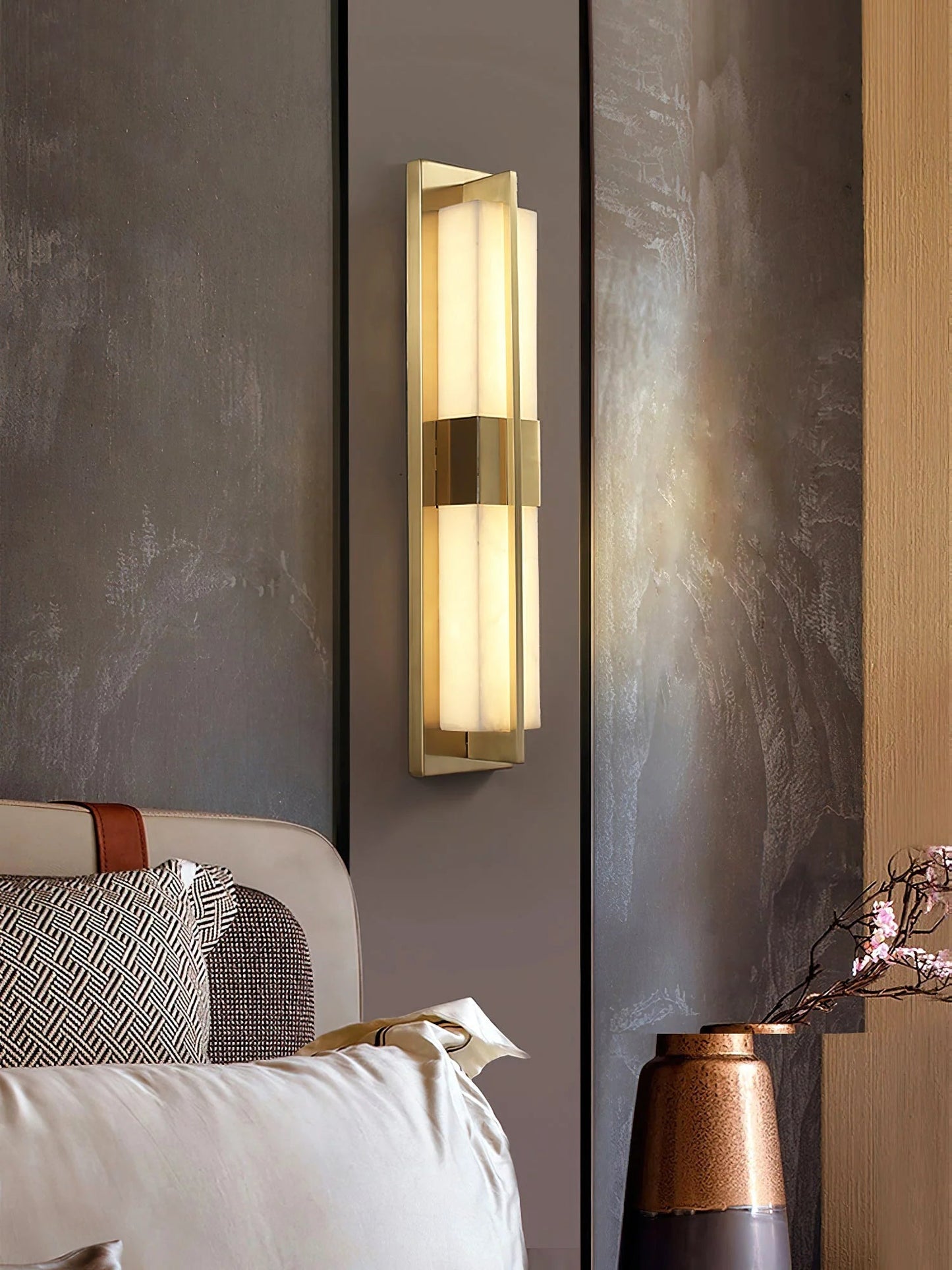 Wall SconceRectangular Alabaster Modern Brass Wall SconceDia 12cm x H 60cm / ∅ 4.7″ x H 23.6″ *2Brass & WhiteLennar Visual