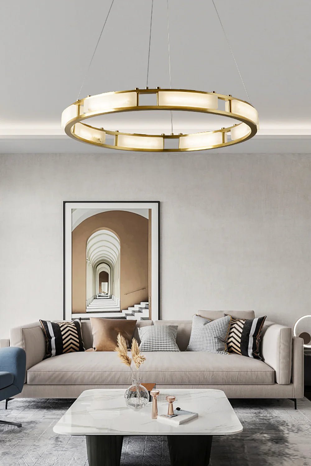 ChandelierRound Qatar Modern Alabaster ChandelierDia 80cm x H 150cm / ∅ 31.5″ x H 59″Brass & WhiteLennar Visual