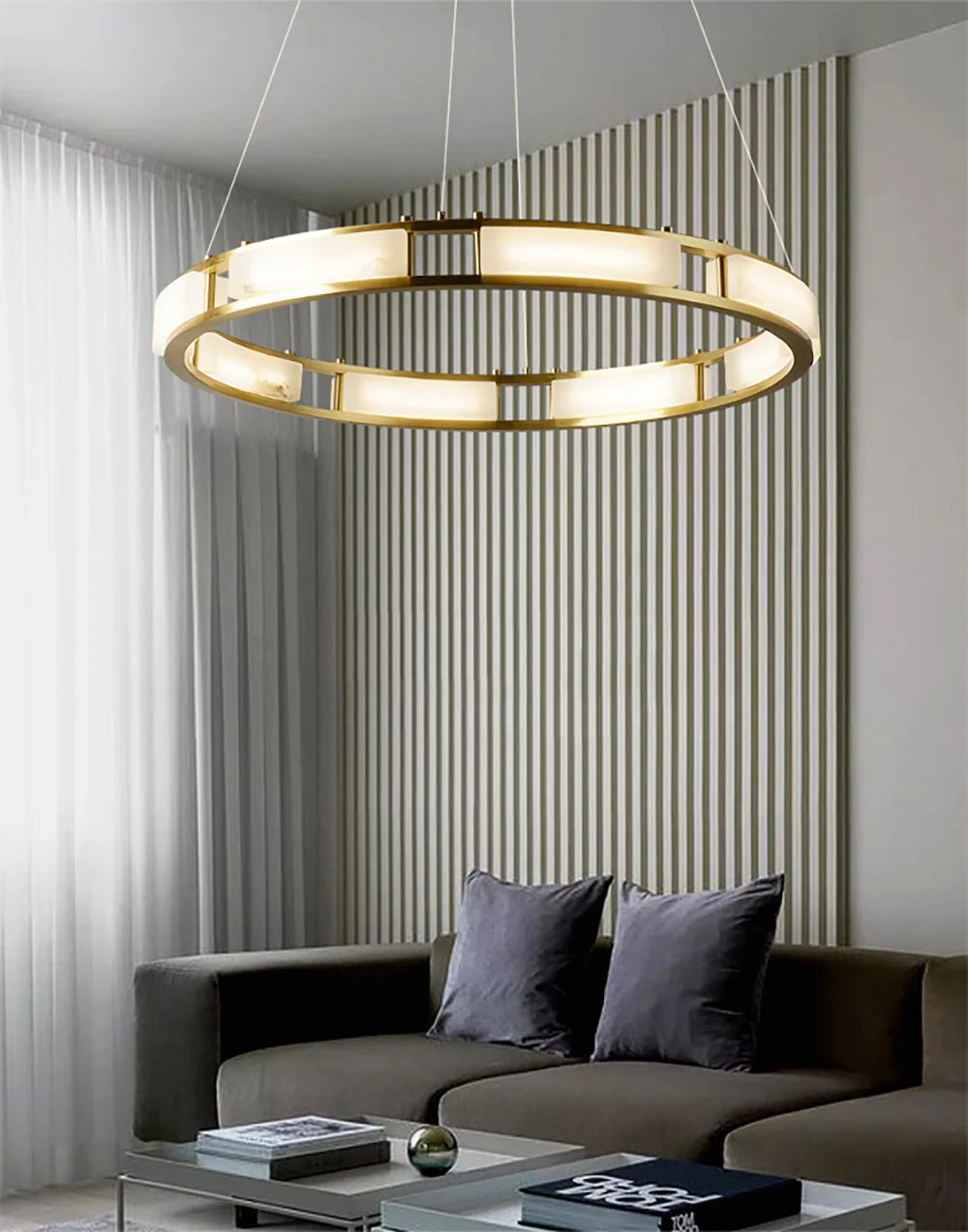 ChandelierRound Qatar Modern Alabaster ChandelierDia 40cm x H 150cm / ∅ 15.7″ x H 59″Brass & WhiteLennar Visual