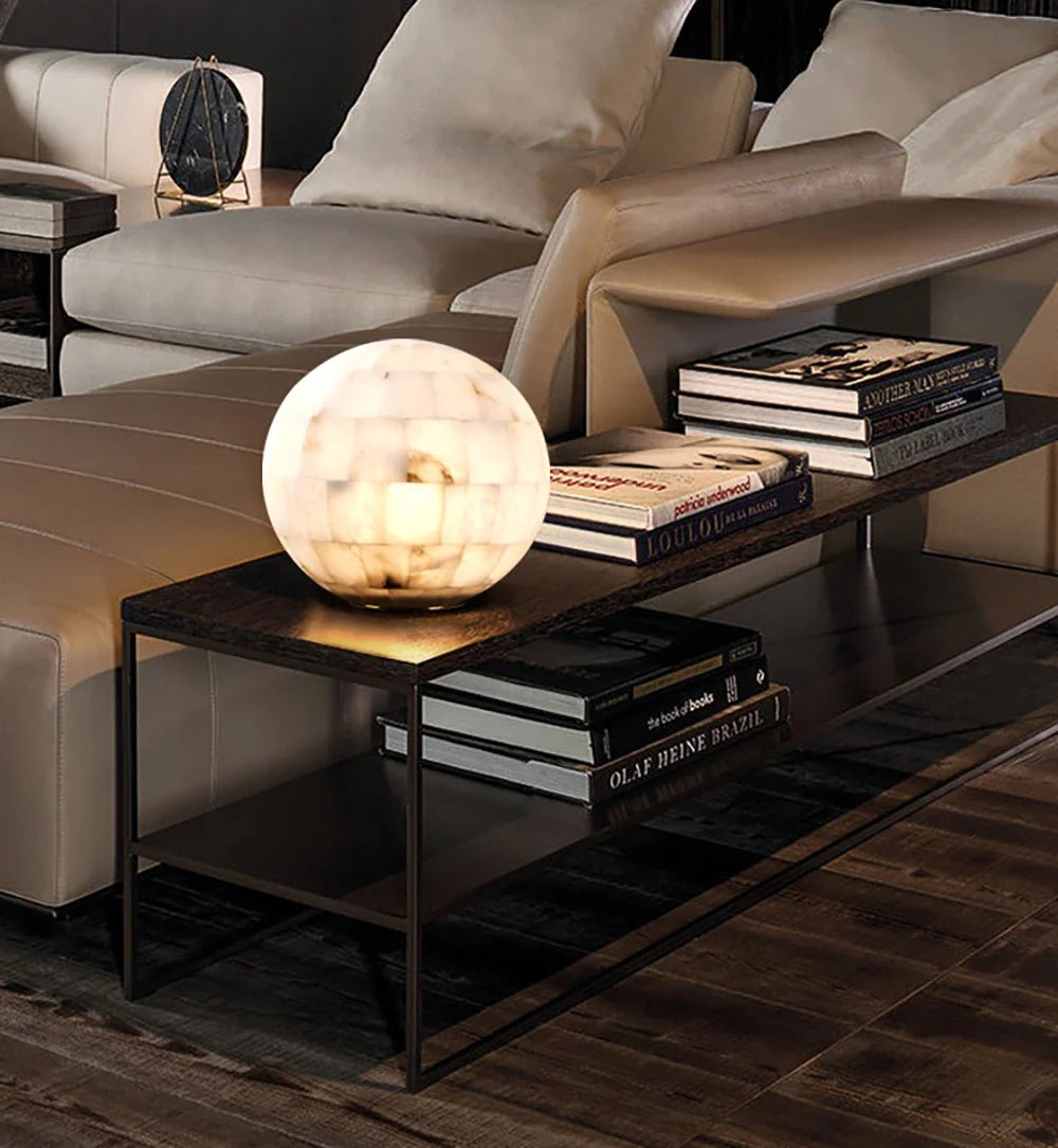 Table LampSpherical Alabaster Ball Table LampDia 28cm x H 28cm / ∅ 11″ x H 11″Brass & WhiteLennar Visual